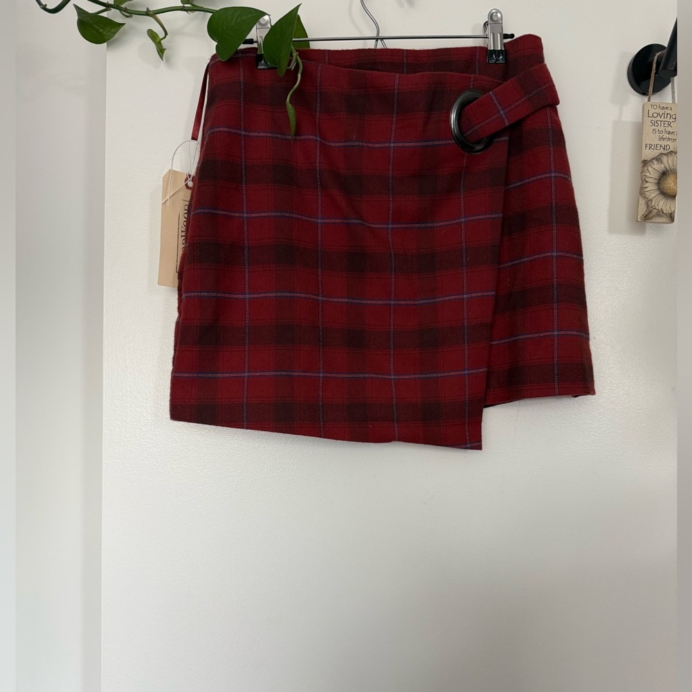 Free People Red Plaid Wrap Mini Skirt - Picture 2 of 4